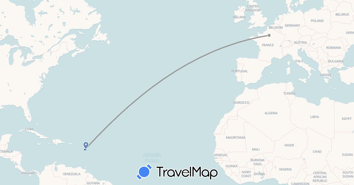 TravelMap itinerary: driving, plane, cycling in France, Guadeloupe (Europe, North America)